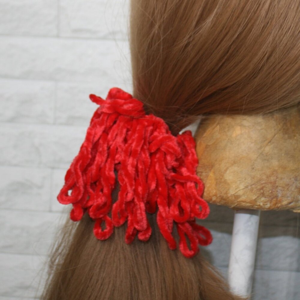 HAND CRAFTED Hair Scrunchie Fringe Crochet Kids Chenille Velvet Oversized Red